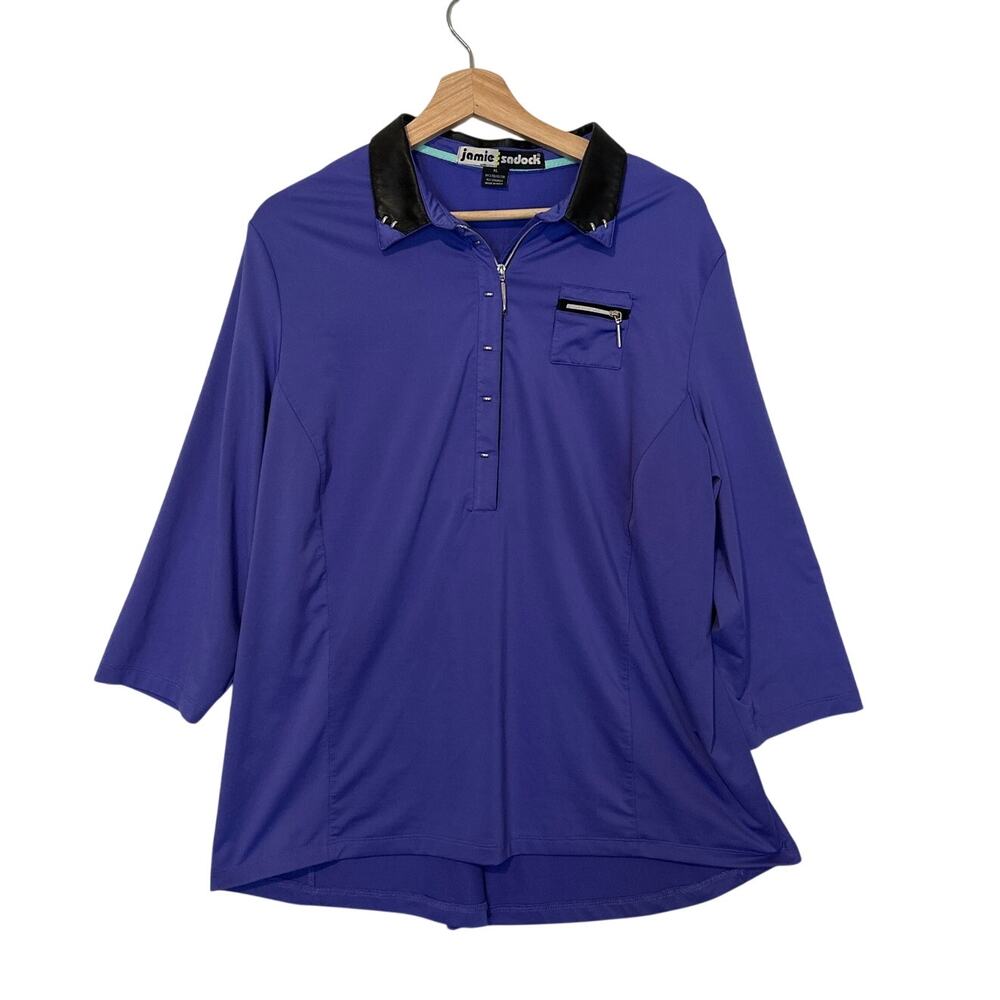 Jamie Sadock Purple 1/2 Zip Golf Top 3/4 Sleeve Shirt Faux Leather Collar Sz XL